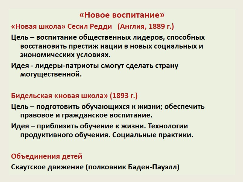 «Новое воспитание» «Новая школа» Сесил Редди   (Англия, 1889 г.) Цель – воспитание